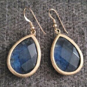 Never Used Blue Topaz Teardrop Shaped Earrings W. Gold Trim & Fish Hook Backings